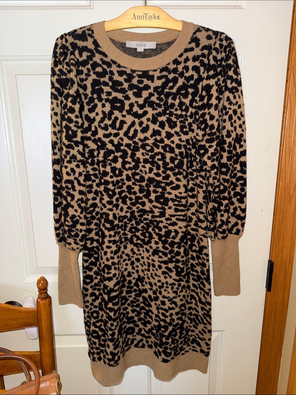 LOFT Wool blend Camel and Black Leopard Print Long Sleeve Sweater Dress